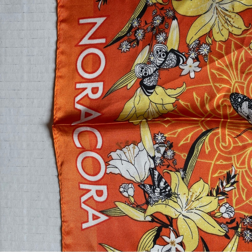 Nora Cora Silk Scarf Orange Music & Floral Theme 22" Square Cello Harp Butterfly